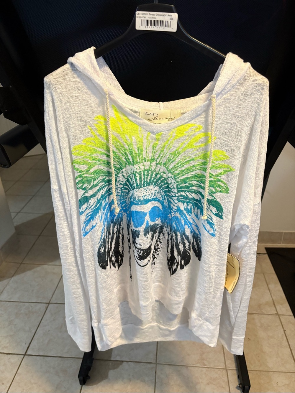 Vintage Havana White Hoodie with Neon Feather Skull Graphic